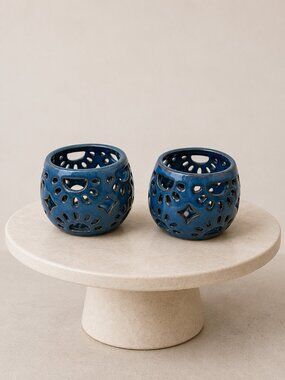 Pair Blue Pierced Ceramic Tea Light Candle Holders Lantern Votive Decor